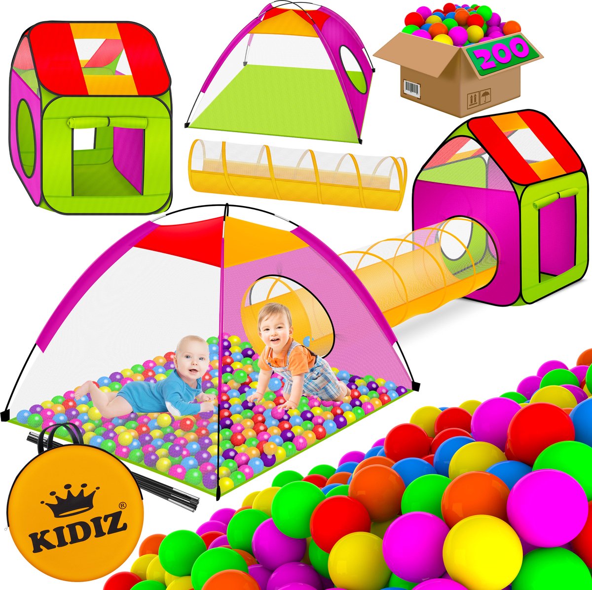 KIDIZ® Ballenbak Speeltent - Kindertent met 200 ballen - Ballenbad Speelhuis - Ideaal voor huis & tuin - Tunnel - XXL