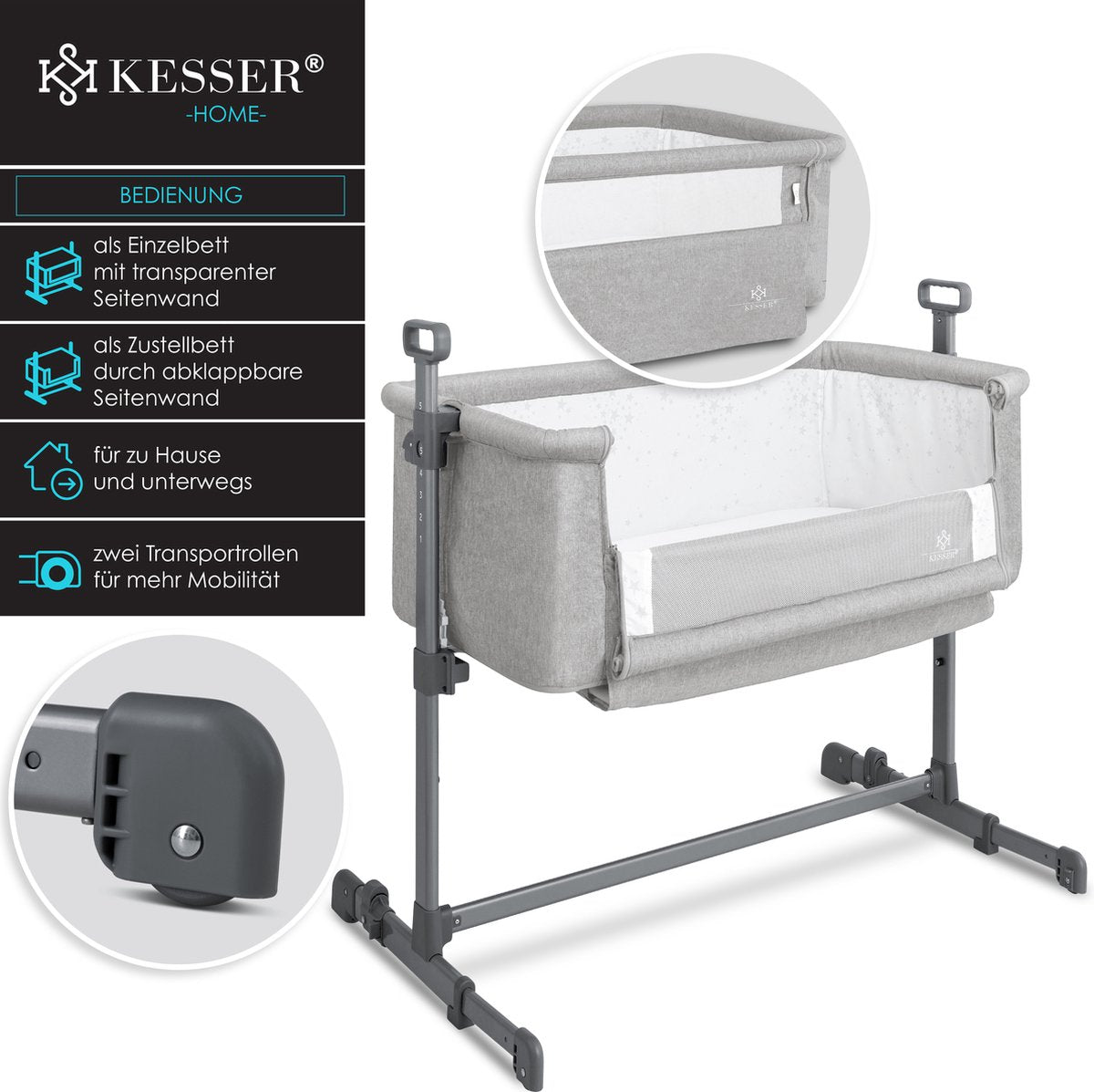 KESSER® 3in1 Ledikant - Babybed - Verstelbaar - Inklapbaar - Lichtgrijs