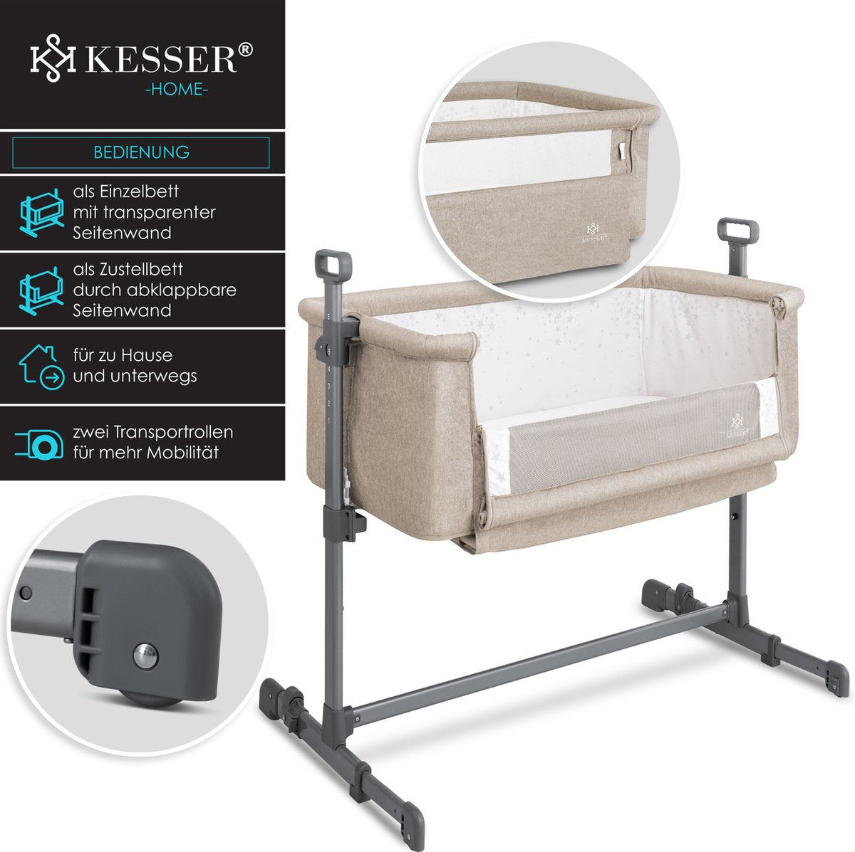 KESSER® 3in1 Ledikant - Babybed - Verstelbaar - Inklapbaar - Beige