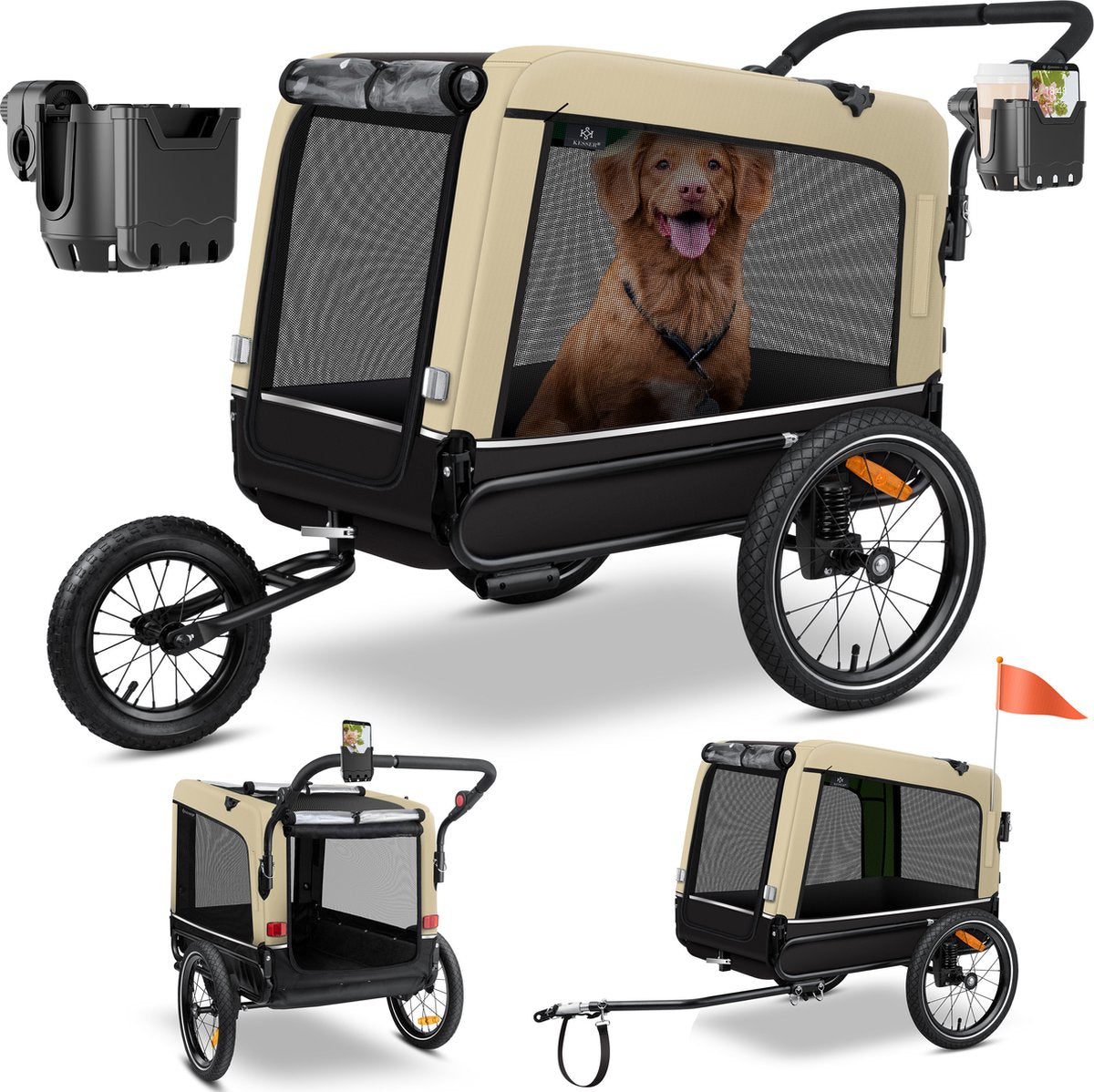 Hondenfietskar - Hondenkar  - Fietskar hond - tot 40 kg - Beige •