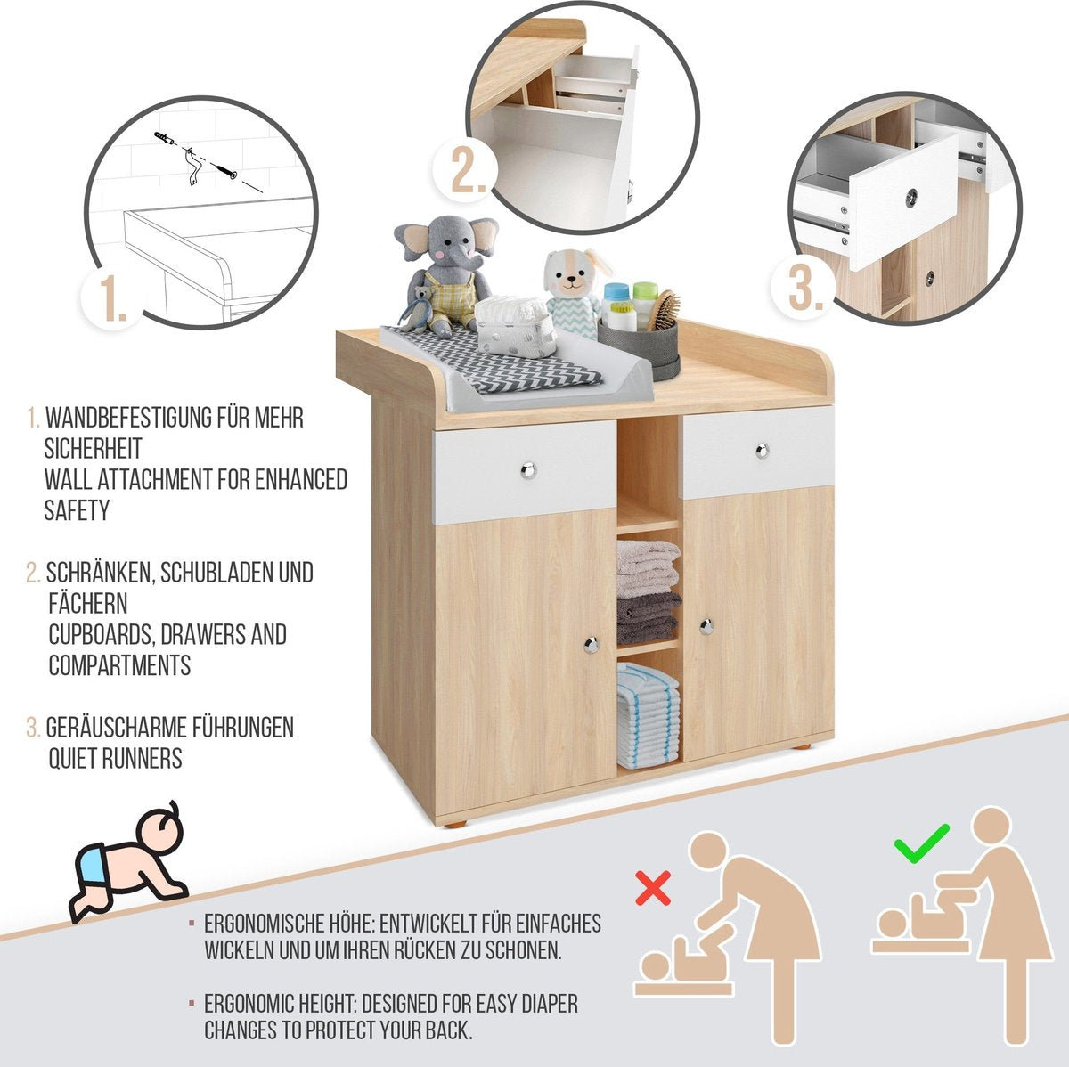 Infantastic - Babycommode met 2 grote lades en 5 vakken - Ladekast met Opbergrumte - Veelzijdig Omkleedmeubel met Organiser - 90x69x92 cm (LxBxH) - Eiken-Fineer