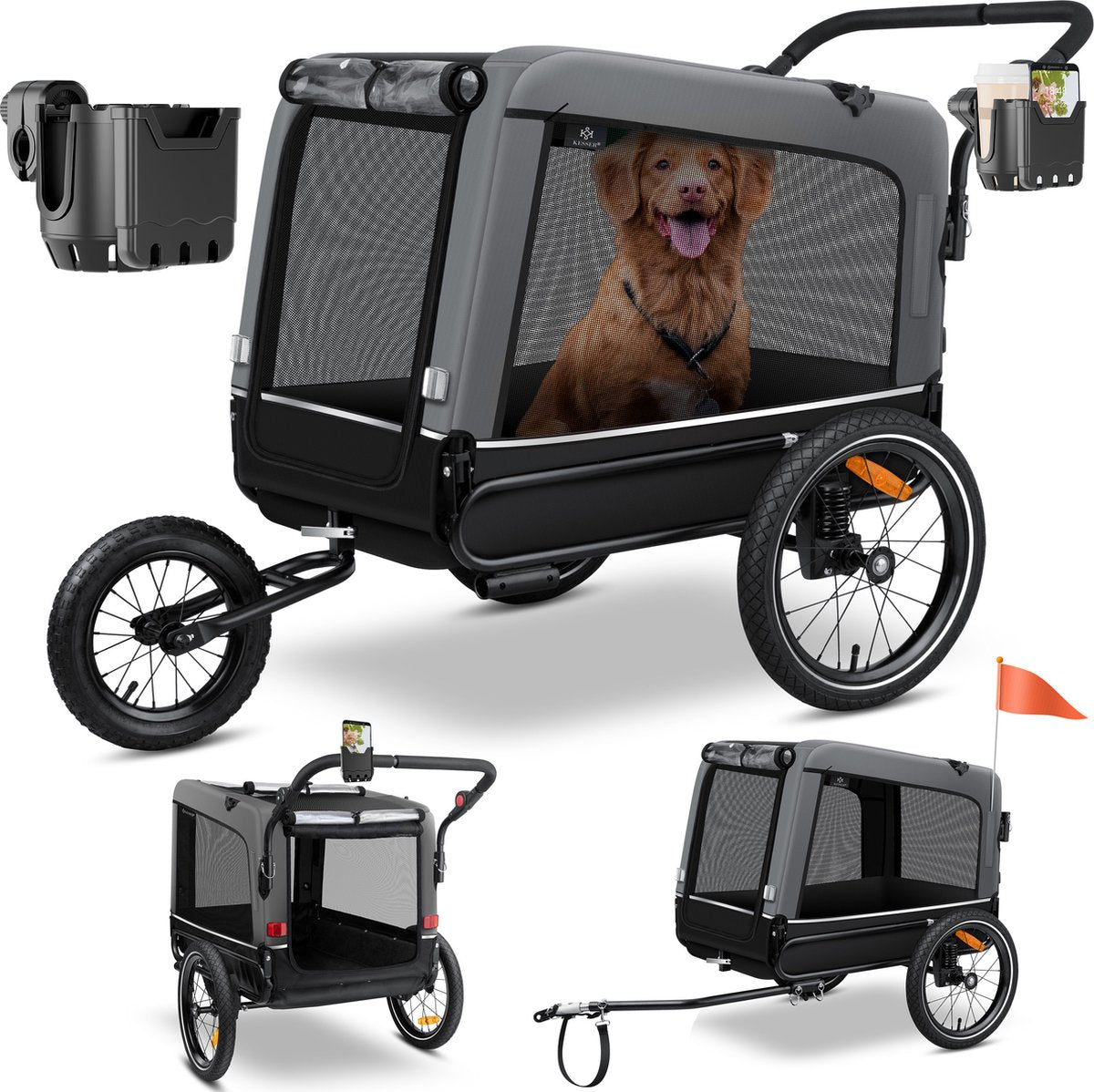 KESSER® Hondenfietskar tot 40 kg 3in1 Hondenbuggy - Fietskar Hond Jogger - Grijs