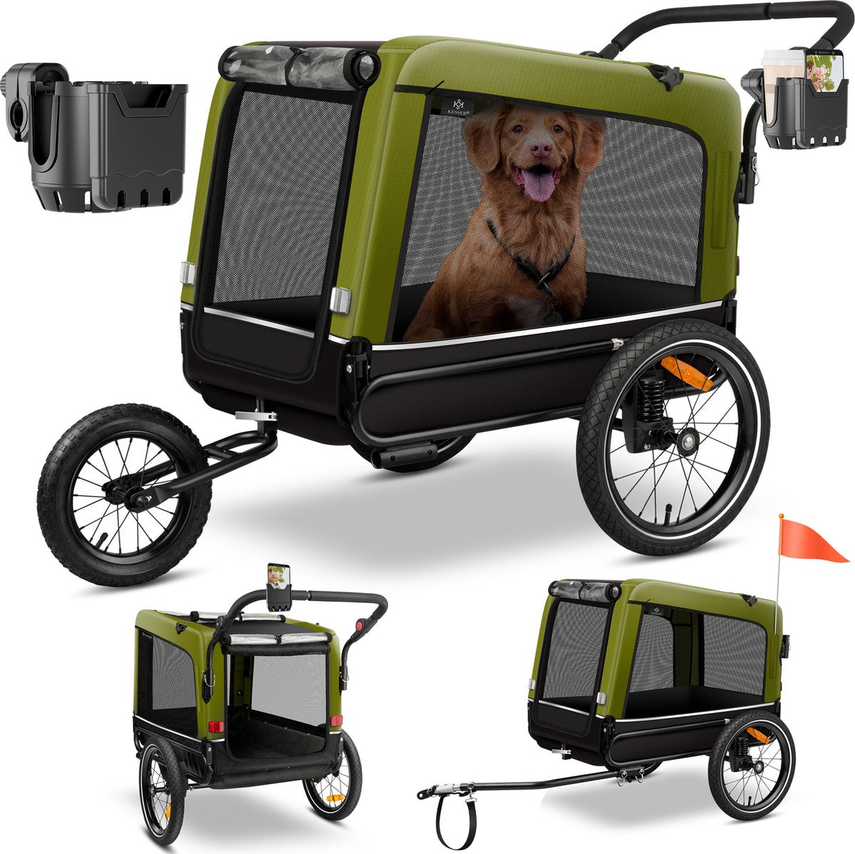 KESSER® Hondenfietskar tot 40 kg 3in1 Hondenbuggy - Fietskar Hond Jogger - Khaki