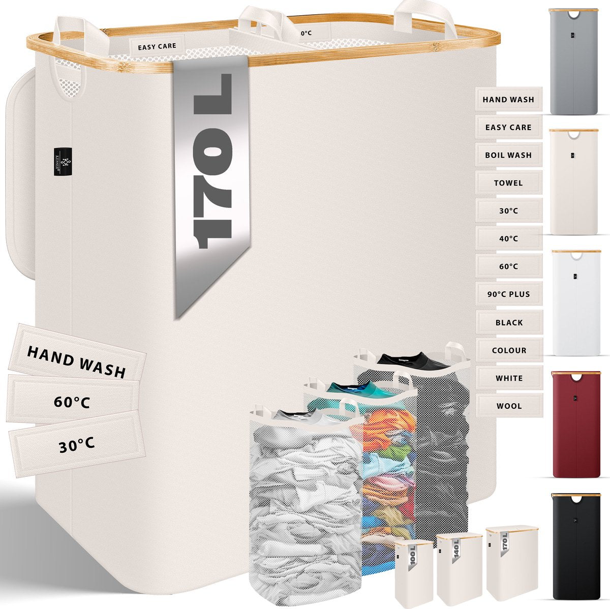 KESSER® Wasmand met Deksel - 3 Waszakken - 170 Liter - Beige