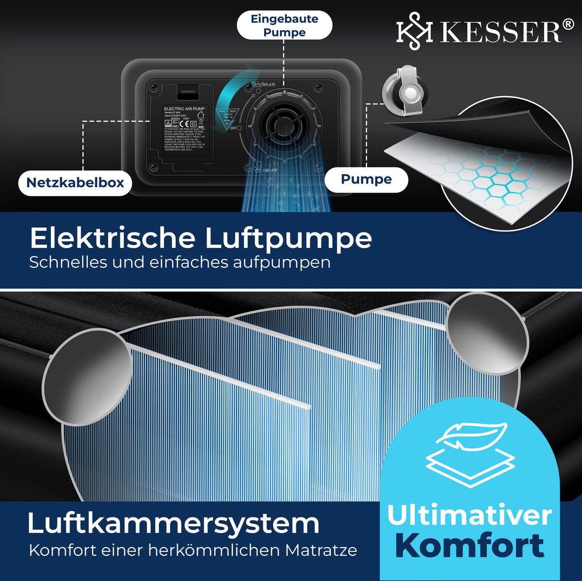 Luchtbed - 1 Persoons - Luchtmatras met pomp - Opblaasbed - Zwart - KESSER® •