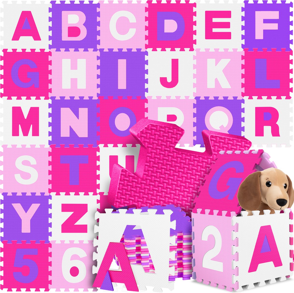 KIDIZ® 86-Delige Puzzelmat Speeltapijt Schuimmat Kindertapijt, Puzzel Cijfers en Letters Beschermende Mat - Roze
