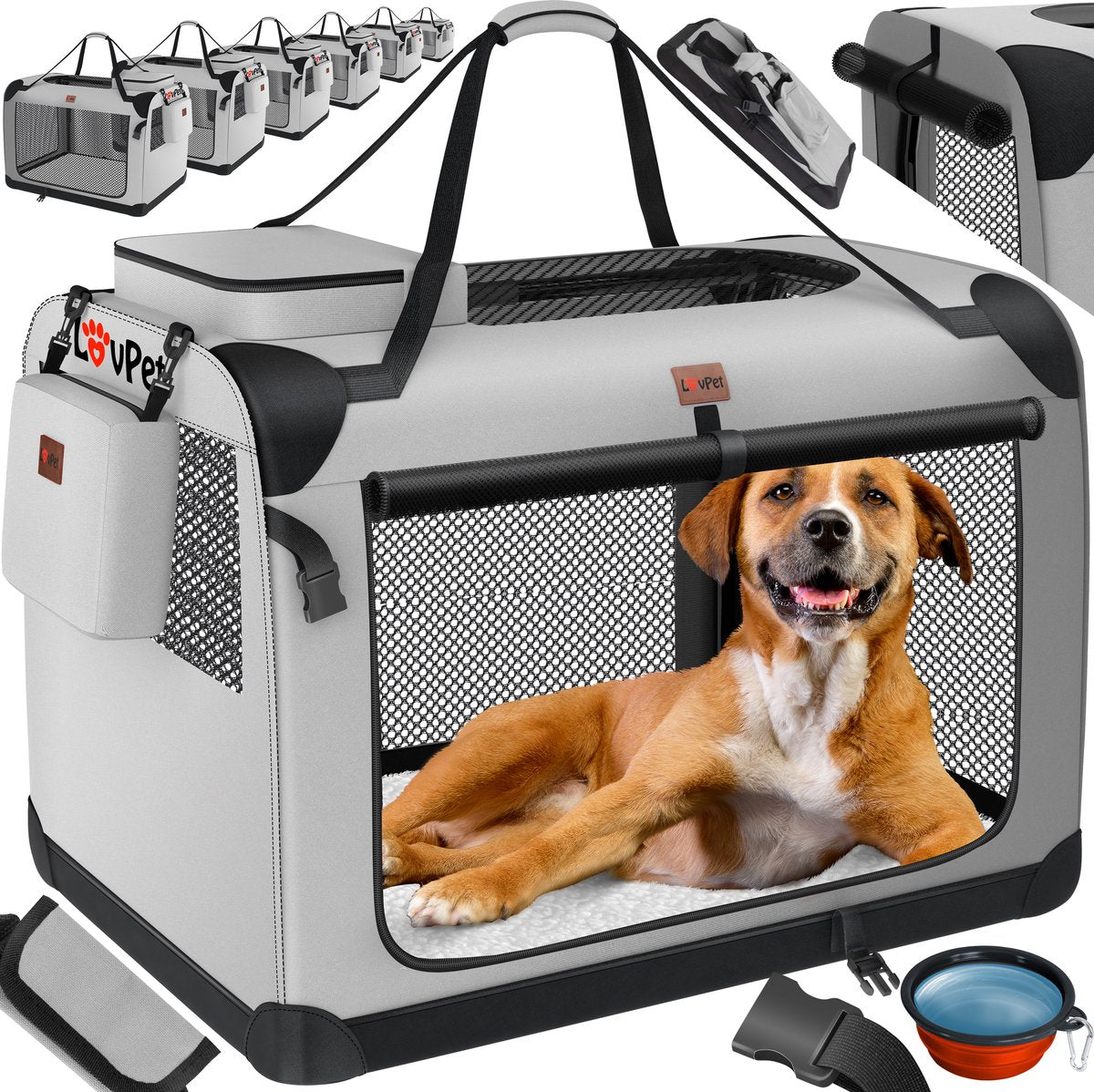 LOVPET® reisBench Hondenbench hondenbox honden transportbox opvouwbaar incl. transportzak hondenbak transportbox voor huisdieren, honden en katten transportbox - XXXL, Lichtgrijs