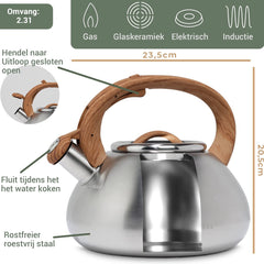 WALDWERK Fluitketel (2,3L) - Kettle voor Inductie en Gasfornuis - Ketel met Houtlook Handvat - Theepot met Fluittoon, Roestvrij Staal
