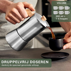 WALDWERK espressomachine (300ml) - inductie-espressomachine geschikt voor alle soorten kachels - Percolator mokkapot van roestvrij staal met houten handvat van echt eikenhout