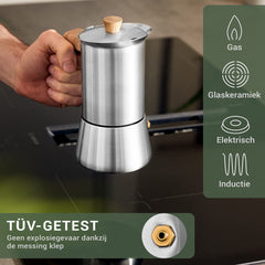 WALDWERK espressomachine (300ml) - inductie-espressomachine geschikt voor alle soorten kachels - Percolator mokkapot van roestvrij staal met houten handvat van echt eikenhout
