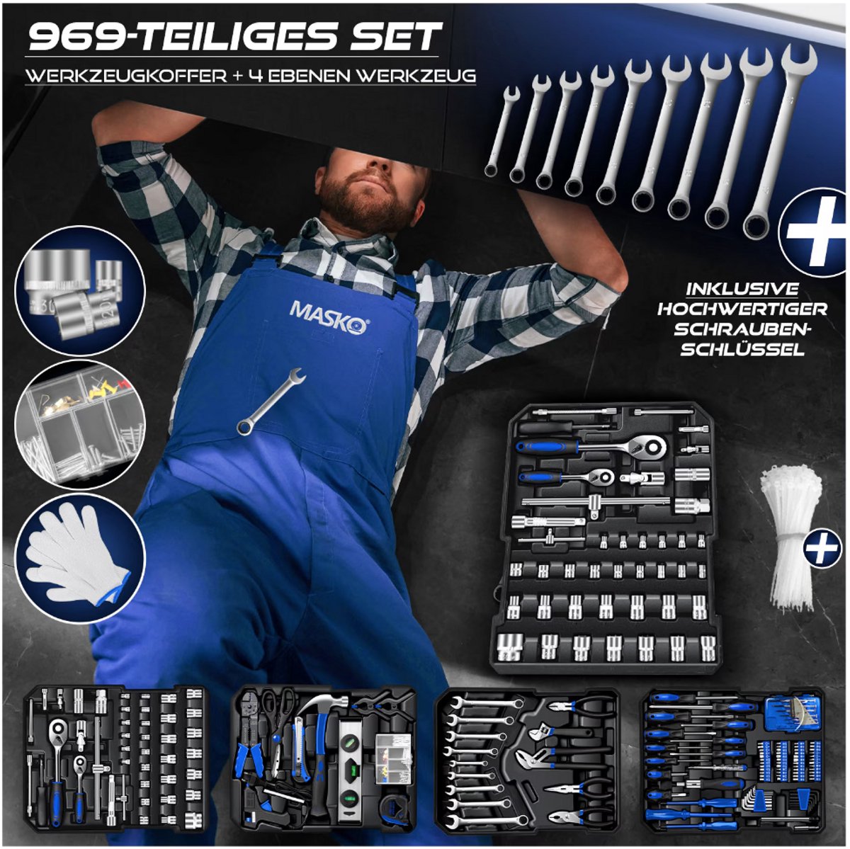 MASKO® 969 delige gereedschapskoffer - Gereedschapswagen - Blauw