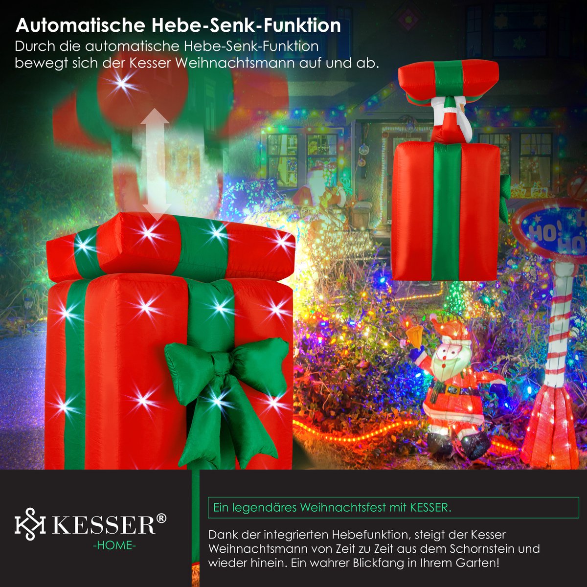 KESSER® Opblaasbare Kerstman pop LED Kerstverlichting - Cadeau Kerstman 152cm Lang Springt-uit-de-Doos Kerstmis LED Verlicht Deco incl. Bevestigingsmateriaal Kerstdecoratie Kerstversiering - 152cm