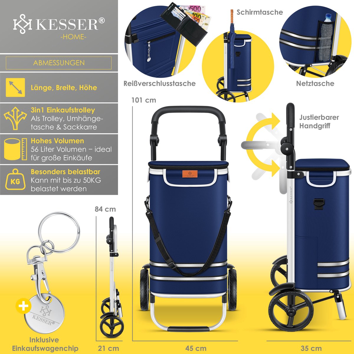KESSER® Boodschappentrolley - Boodschappenwagen - 56L - tot 50kg  - Marineblauw
