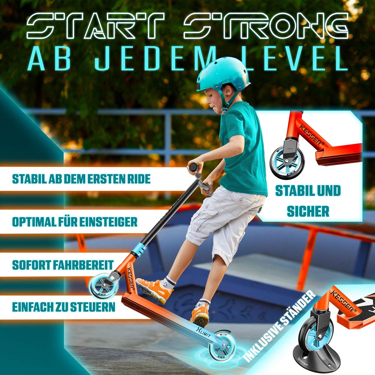 KESSER® X-Limit Stuntstep voor Volwassenen en Kinderen - Step Opvouwbaar en Verstelbaar in Hoogte - Kinderstep met PU Wielen - Rood / Lichtblauw