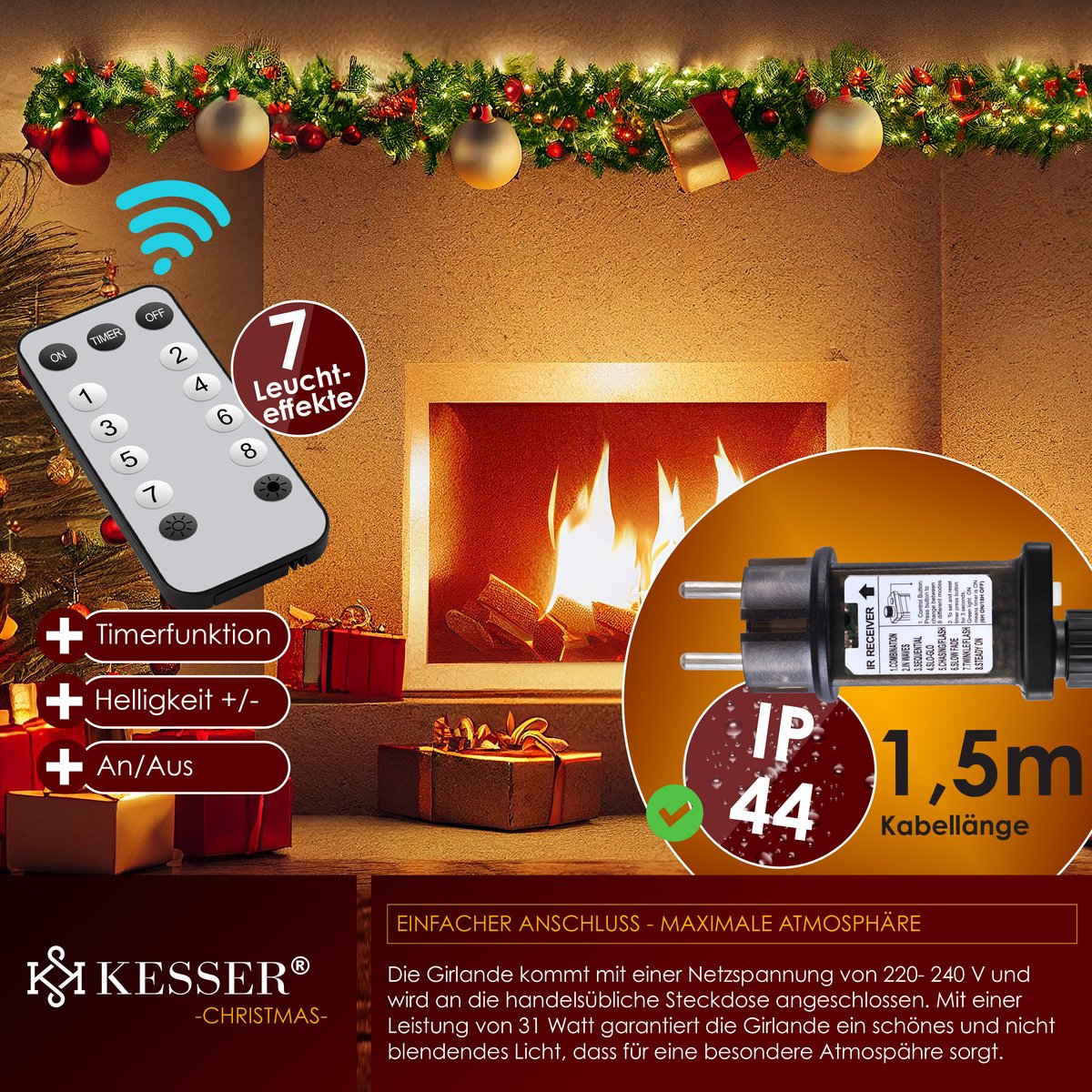 KESSER® Kerstslinger | Guirlande met 100 LED's warmwit Lampjes - Kerstversiering, Kerstguirlande LED verlichting voor Kerstboom en Binnen & Buiten, Kerstverlichting Slinger voor Kerstmis - Groen, 5M / 100 LEDs met afstandsbediening