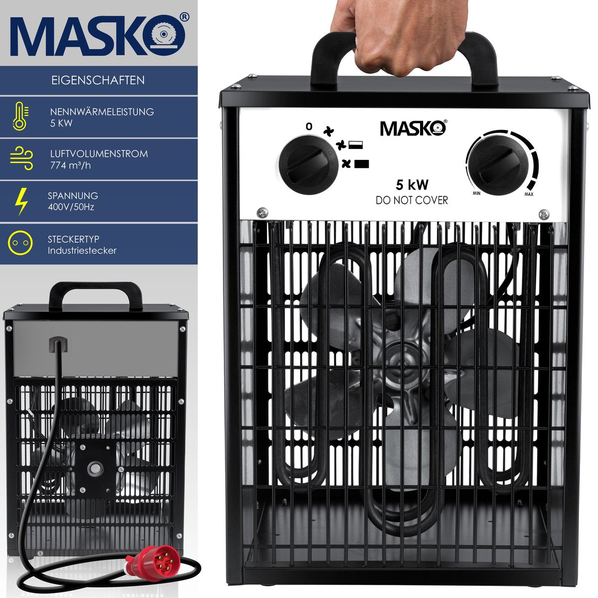 MASKO® Bouwkachel 5kW - Ventilatorkachel voor Binnen- en Buiten Elektrische Kachel Keramische Werkplaatskachel Electrische Verwarming 5000 Watt - Wit