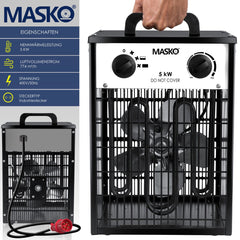 MASKO® Bouwkachel 5kW - Ventilatorkachel voor Binnen- en Buiten Elektrische Kachel Keramische Werkplaatskachel Electrische Verwarming 5000 Watt - Wit