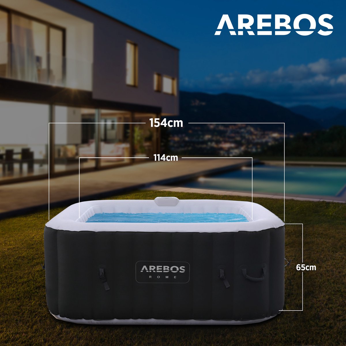 Arebos Opblaasbare Hottub | Binnen- en buitenspabad 2400W | 4 personen | 154x154cm | 100 massagestralen | Met verwarming | 600 liter | Inclusief afdekking | Bubble Spa & Wellness Massage | Antraciet