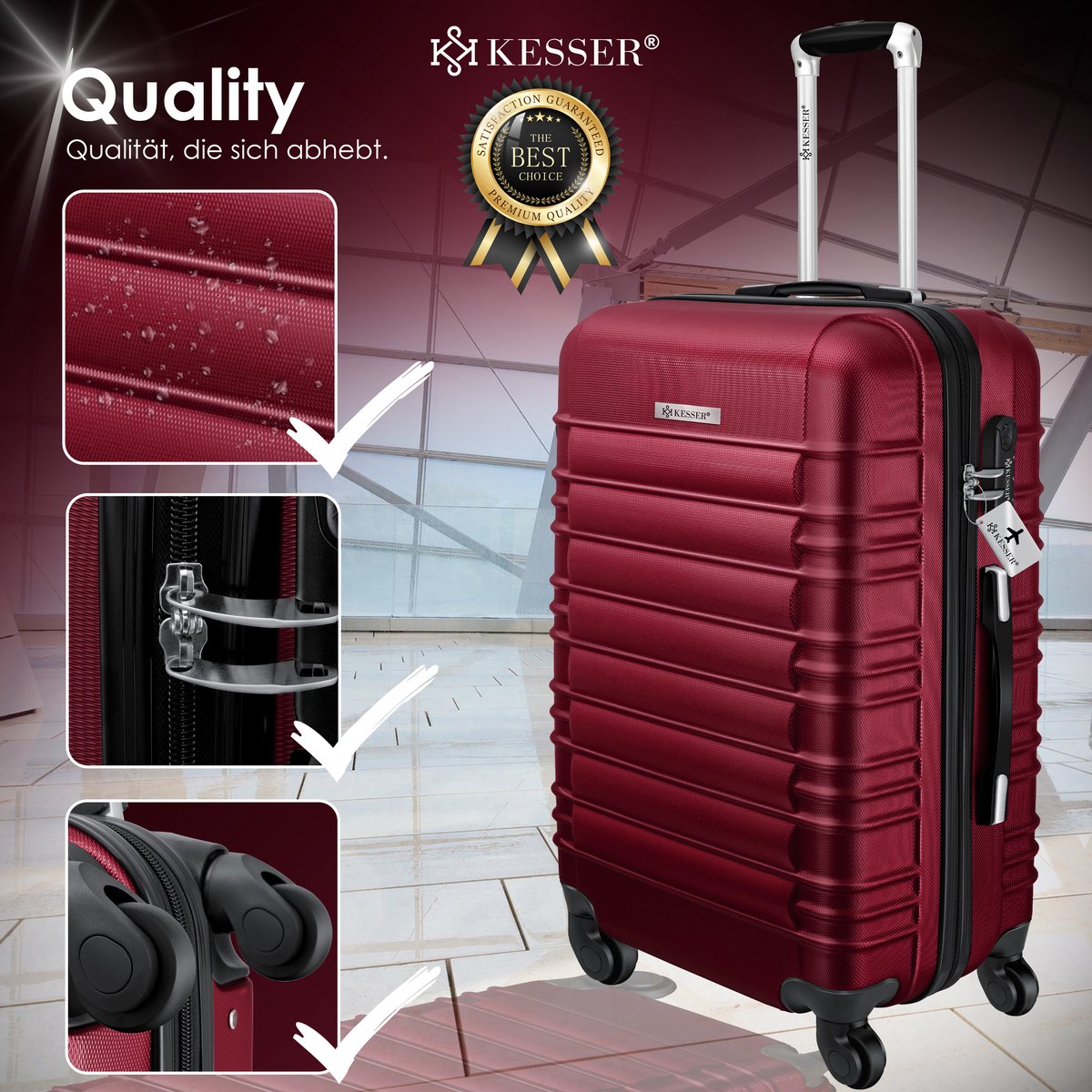 KESSER® 4x Koffer, reiskofferset, trolley koffer, incl. bagageweegschaal + bagagelabel rollend kofferslot, 4 wielen ABS, harde schaal telescoopgreep S-M-L-XL - Bordeaux