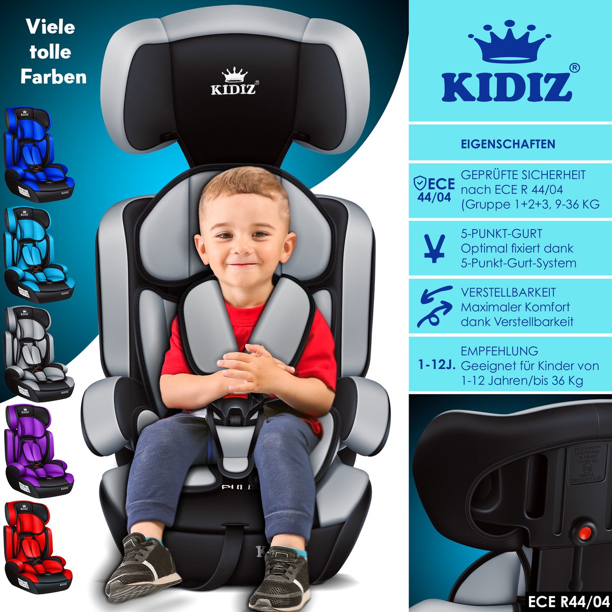 KIDIZ® Autostoeltje - 5-punts veiligheidsgordel - Grijs