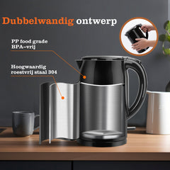 Taylor Swoden - Waterkoker Dubbelwandig 2200W - 1,5 Liter - Double Walled Kettle - Warmhoudfunctie - Cool-touch - 360° draaibaar - Zwart •