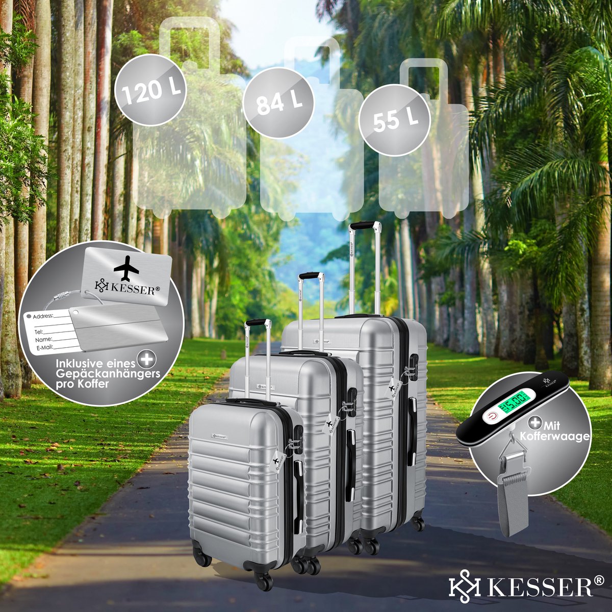 KESSER® Reiskofferset - 3-delig - ABS- Kofferset - Zilver