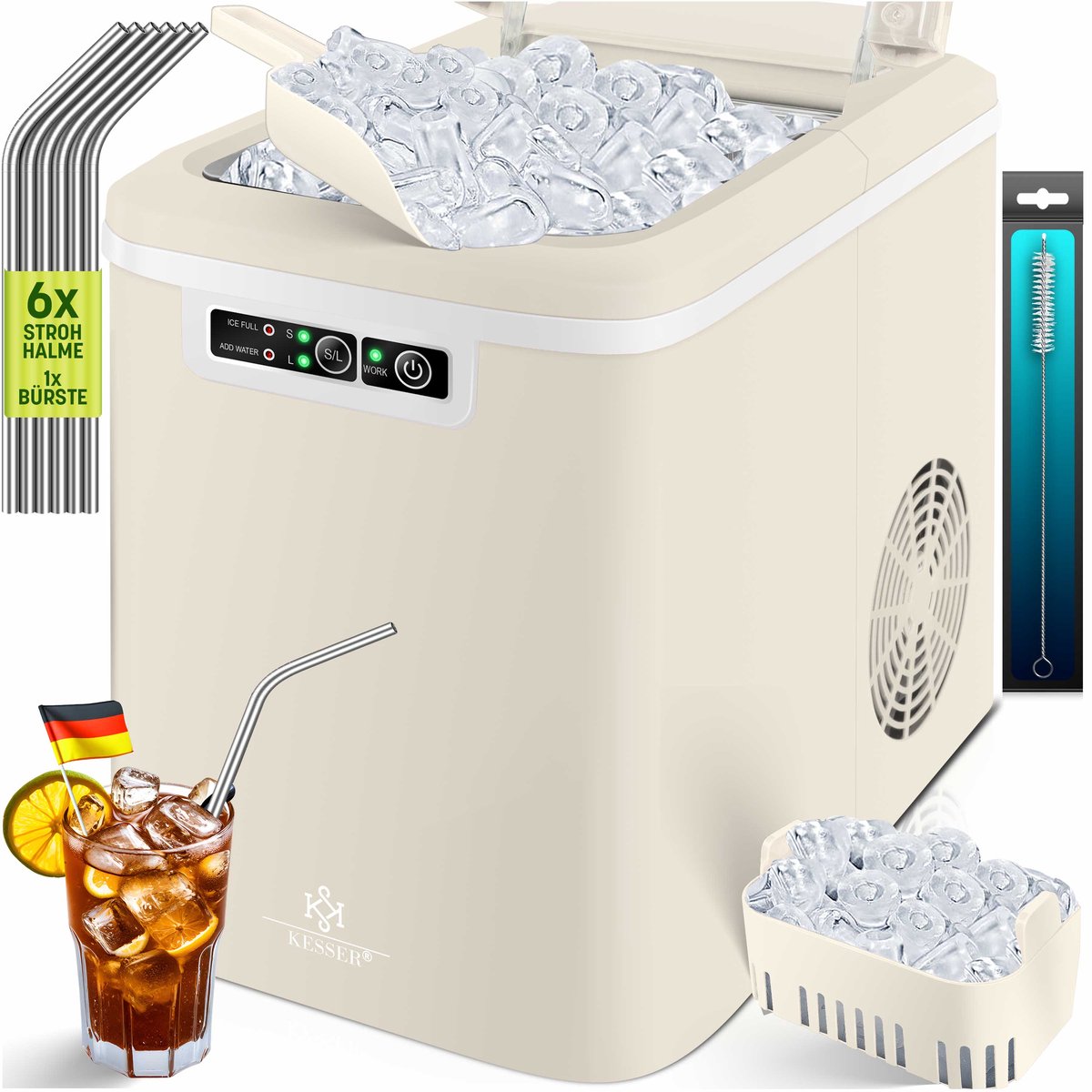 IJsblokjesmachine – 12kg/24 uur – IJsmachine - IJsblokjesmaker - Crème - KESSER®