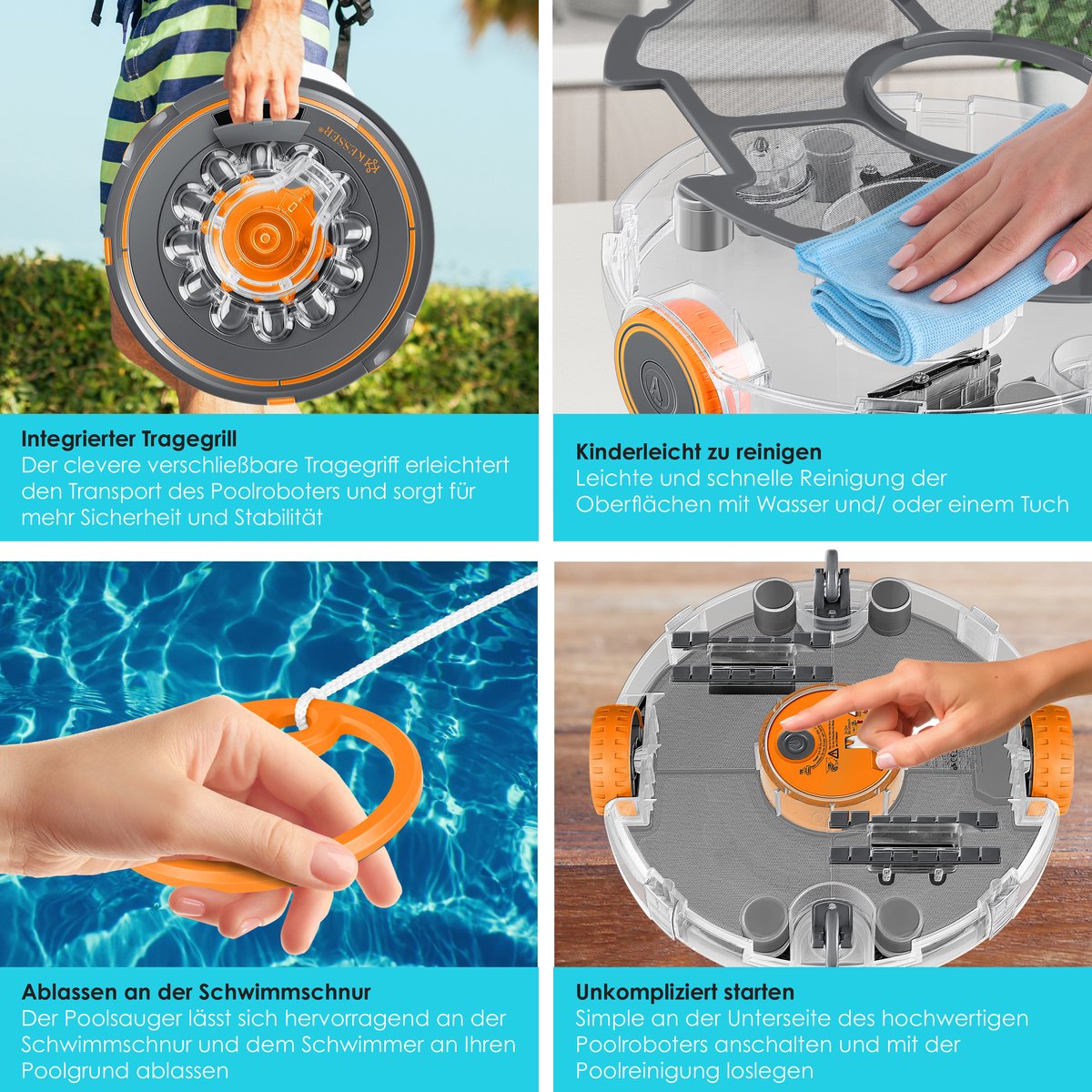 KESSER® Zwembadrobot accu Aqua-9000 incl. transporttas, Stofzuiger voor zwembaden tot 80m², Li-Ion accu max. 75 min, Zwembadreiniger snoerloze zwembadstofzuiger vloerreiniging volautomatische vloerstofzuiger - Oranje