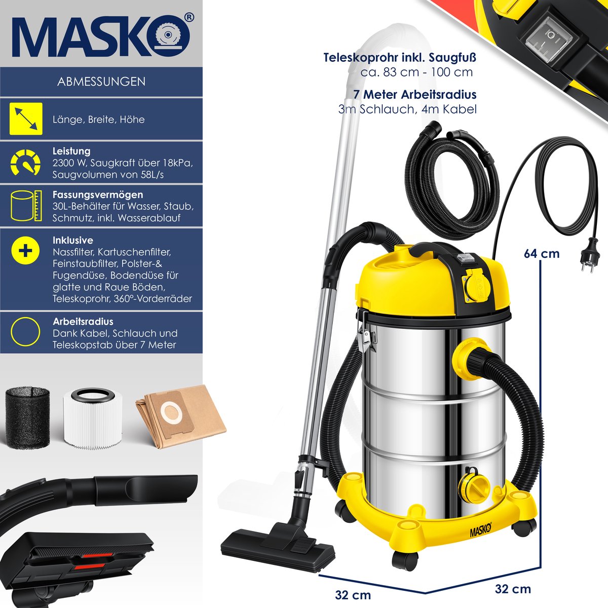 MASKO® Industriële stofzuiger 2300W - Droog- & Natzuigen - Geel