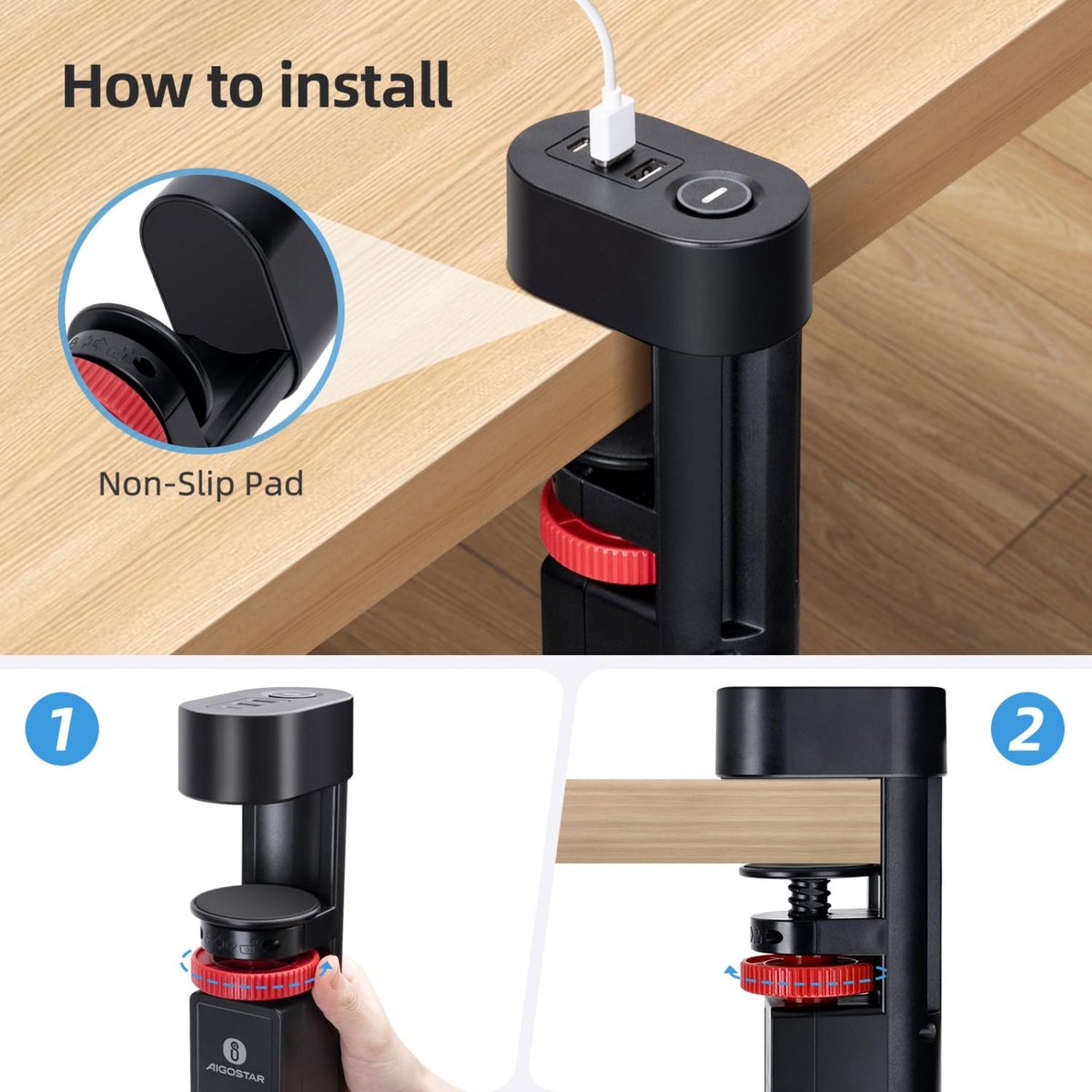Aigostar 20Y42- Stekkerdoos met Schakelaar - 5 Stopcontacten - 3 USB Poorten - 1.4 Meter Verlengsnoer - met tafelclip - Zwart •