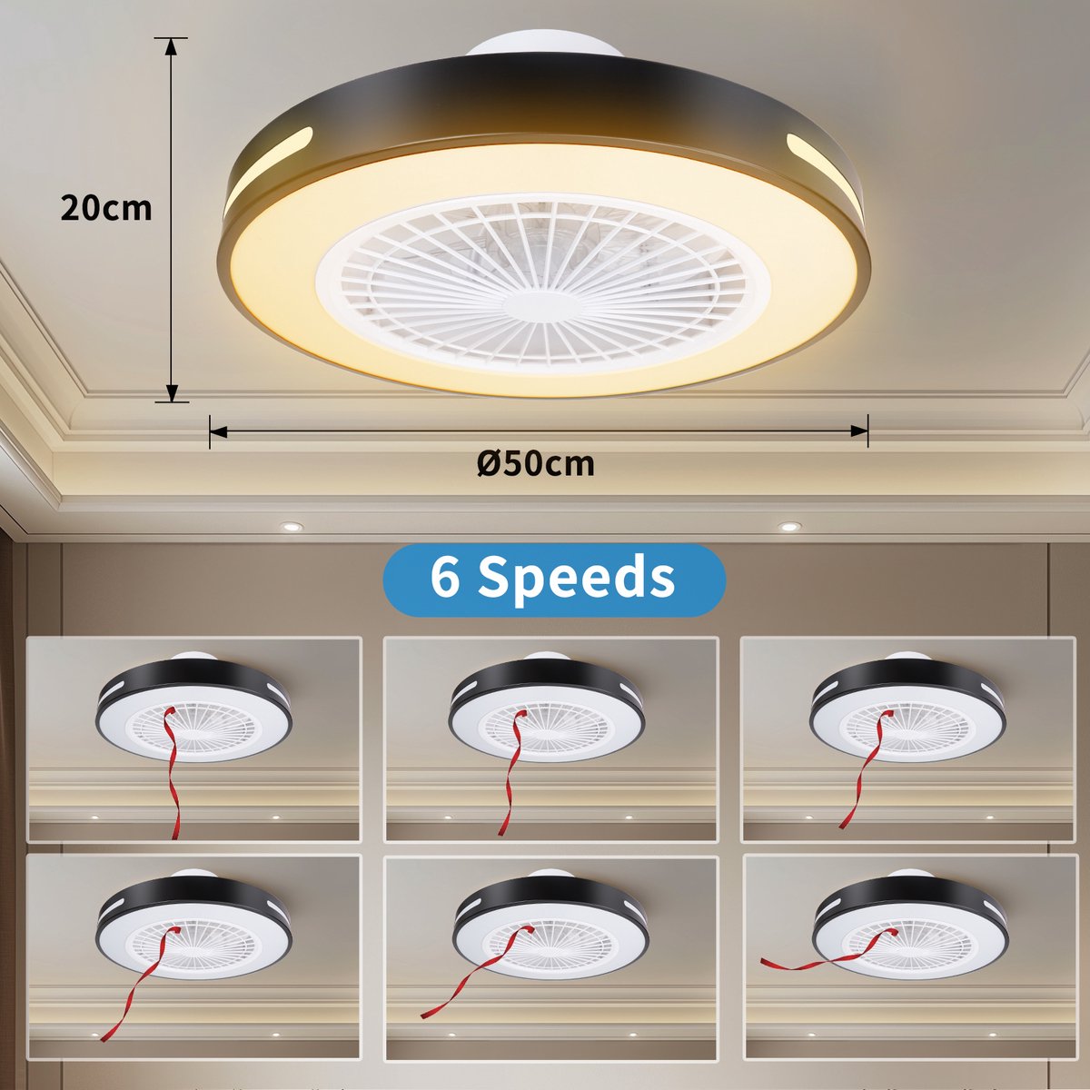 Aigostar 10R2R - Plafonniere met ventilator - LED RGBW - Ø 50cm - 6 Standen - Dimmer - Afstandsbediening - Plafondventilator - 55W - Zwart •