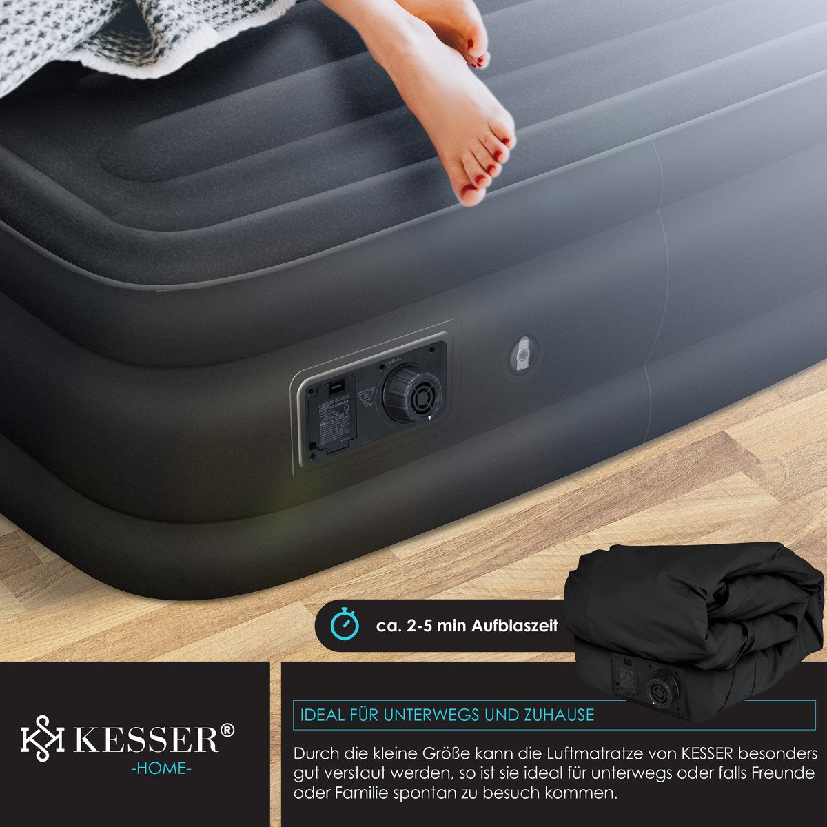 Luchtbed - 1 Persoons - Luchtmatras met pomp - Opblaasbed - Zwart - KESSER® •