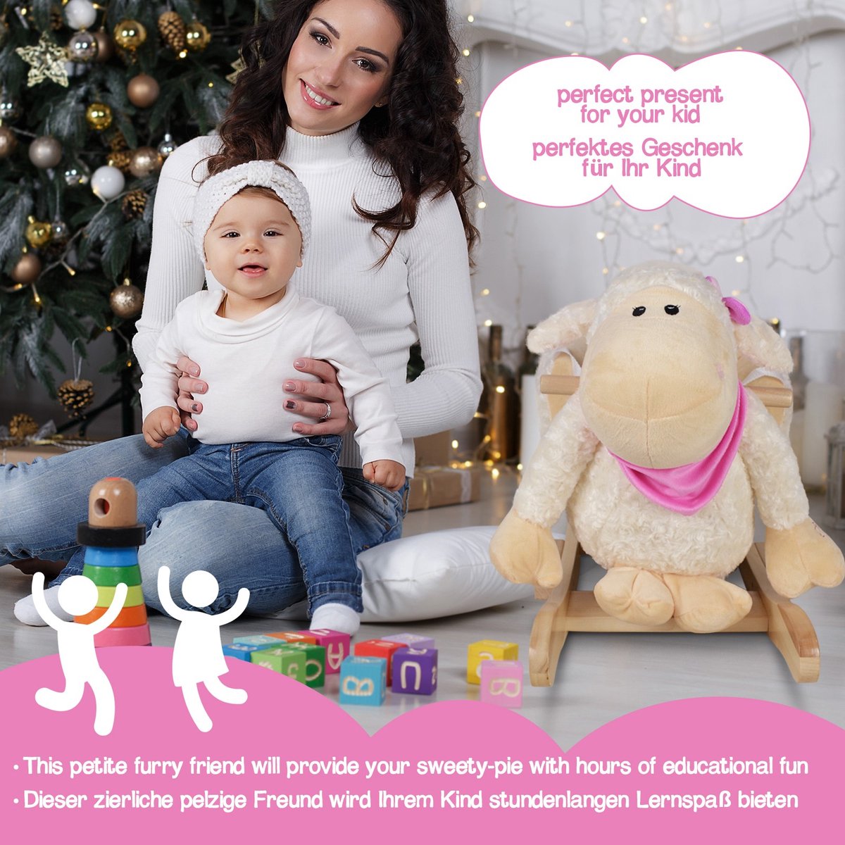 Infantastic - Hobbelpaard voor Baby en Kind - Schommel Schaap - Stevige Constructie - Knuffelzacht met Geluidseffecten - Wit/Roze