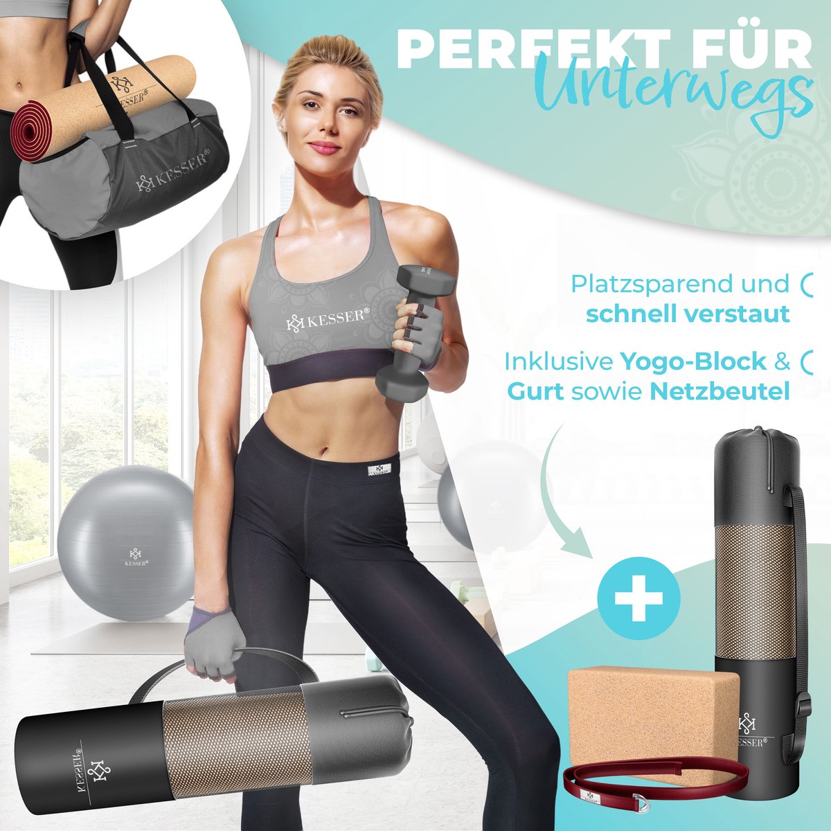KESSER® Yogamat Kork 183x62cm Turnmat Gymnastiekmat Fitnessmat Inclusief Draagriem Tas & Yoga Blok - Bordeux