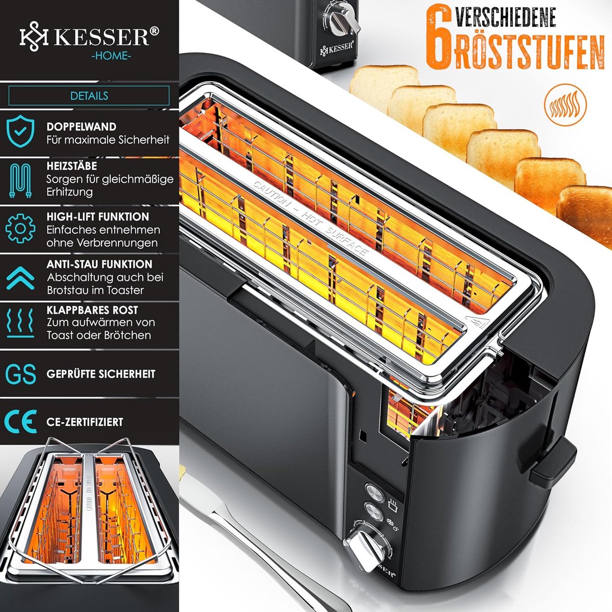 Broodrooster - Toaster - 4 sleuven - 1250W - Antraciet