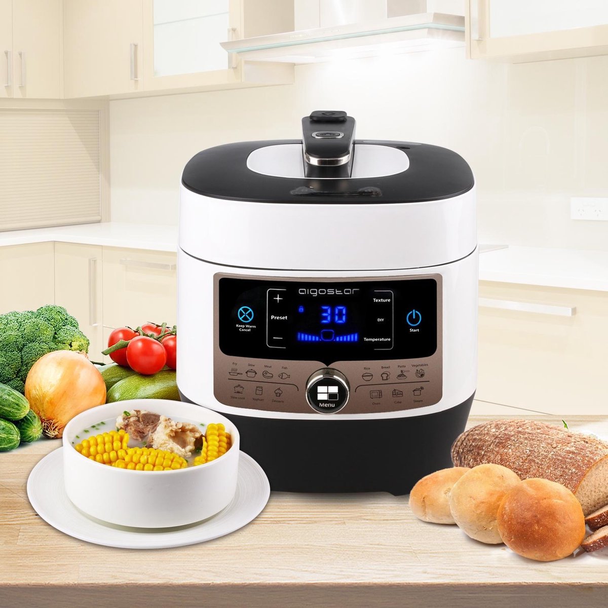 Aigostar Snelkookpan Multicooker - 5,5 Liter - Slow Cooker - Rijstkoker - Stomer