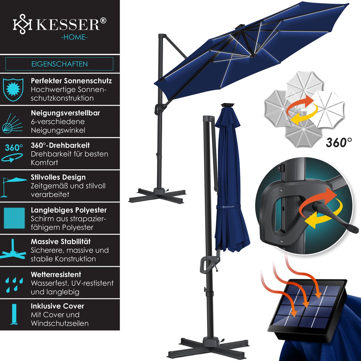 KESSER® SUN Zweefparasol XL Ø330 cm met LED Solar Verlichting - Parasol Inclusief Beschermhoes 360° Draaibaar UV50+ Tuinparasol Zonne-energie - Taupe