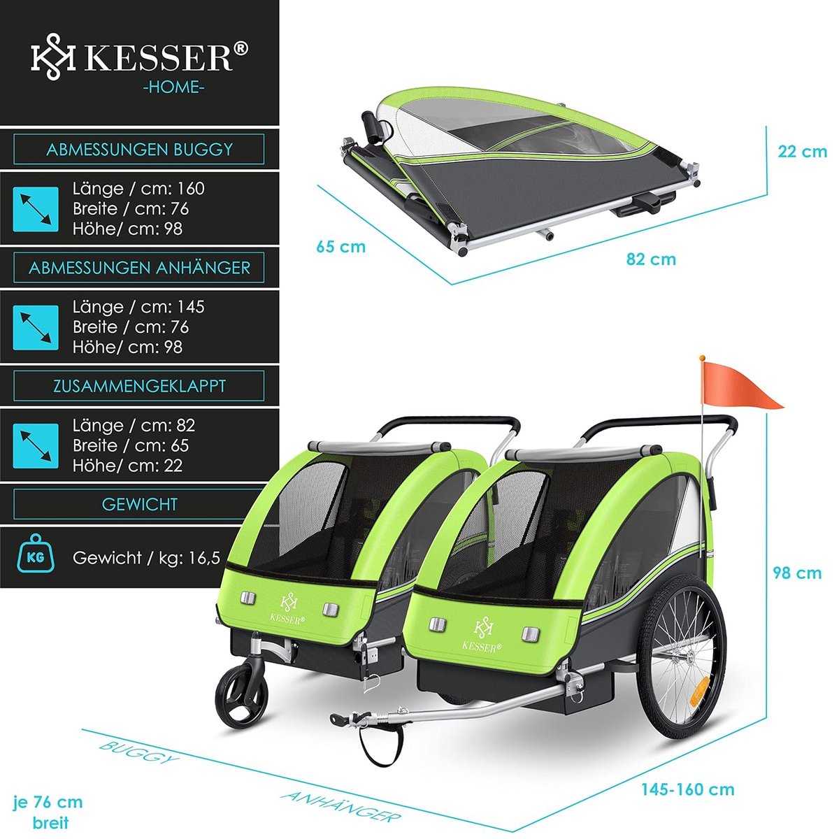 KESSER® Fietsaanhanger - Kinderaanhanger - Max. 40kg - Groen •