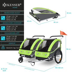 KESSER® Fietsaanhanger - Kinderaanhanger - Max. 40kg - Groen •
