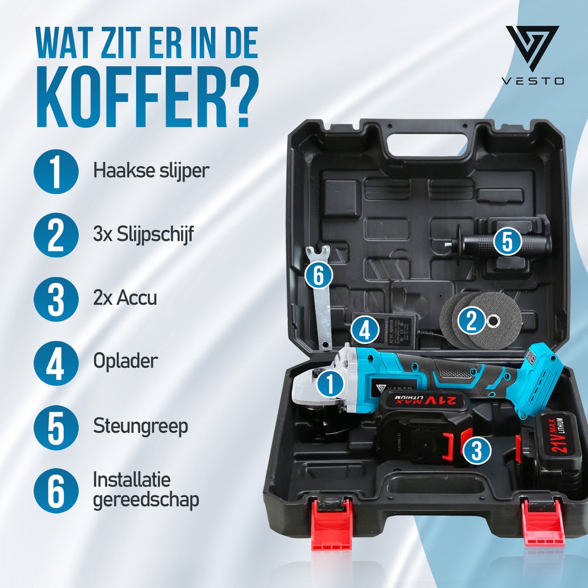 Vesto® Haakse Slijper - Draadloze Slijptol - Elektrische Slijpmachine - Incl. 3x Slijpschijf & 2x Accu - Ø125MM