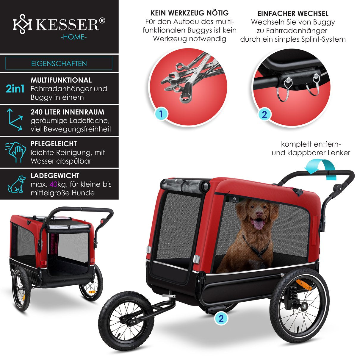 KESSER® Hondenfietskar tot 40 kg 3in1 Hondenbuggy - Fietskar Hond Jogger - Rood