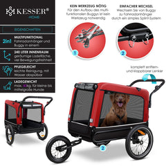 KESSER® Hondenfietskar tot 40 kg 3in1 Hondenbuggy - Fietskar Hond Jogger - Rood