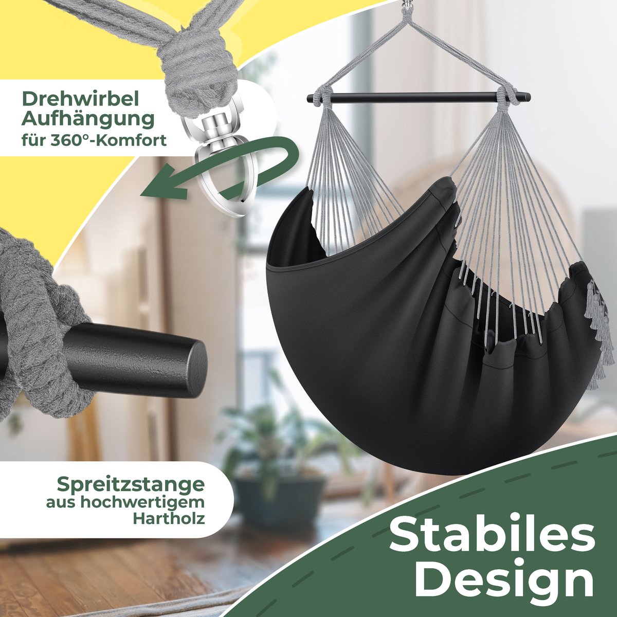 KESSER® XXL Hangstoel - 2 Kussens - Tot 150 kg - Antraciet •