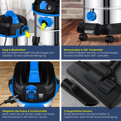 MASKO® Industriële stofzuiger 1800W - Droog- & Natzuigen - Blauw