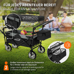 Hauki Bolderkar XXL, opvouwbaar, met dak en tas, zwart/grijs, handwagen, inklapbaar, om te duwen en te trekken, transportwagen voor kinderen, 360° draaibare voorwielen, PU-wielen met remmen •
