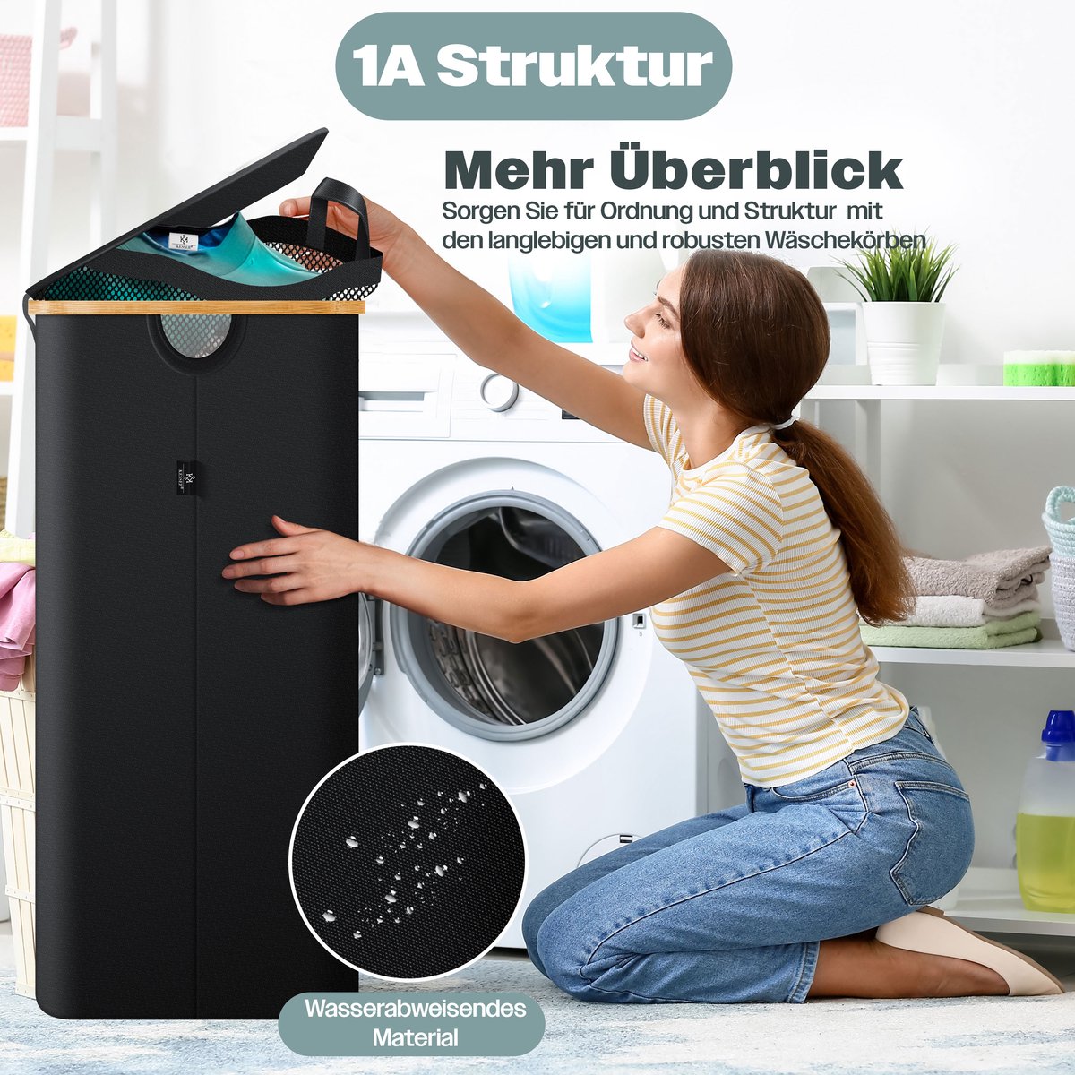 KESSER® Wasmand met Deksel - Opvouwbare Wasbox - Wassorteerder met Uitneembare 3x Waszakken inclusief wasinstructies - Zwart, 140 liter