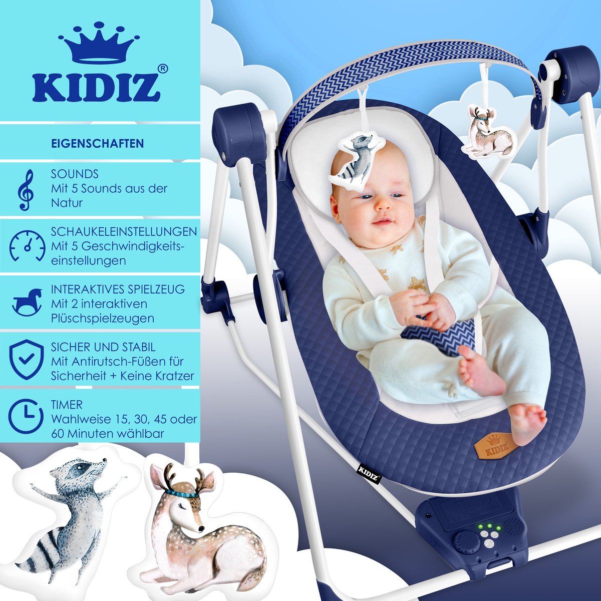 Wipstoel - Babyschommel - Baby Swing -  max 9kg - Blauw - KIDIZ®