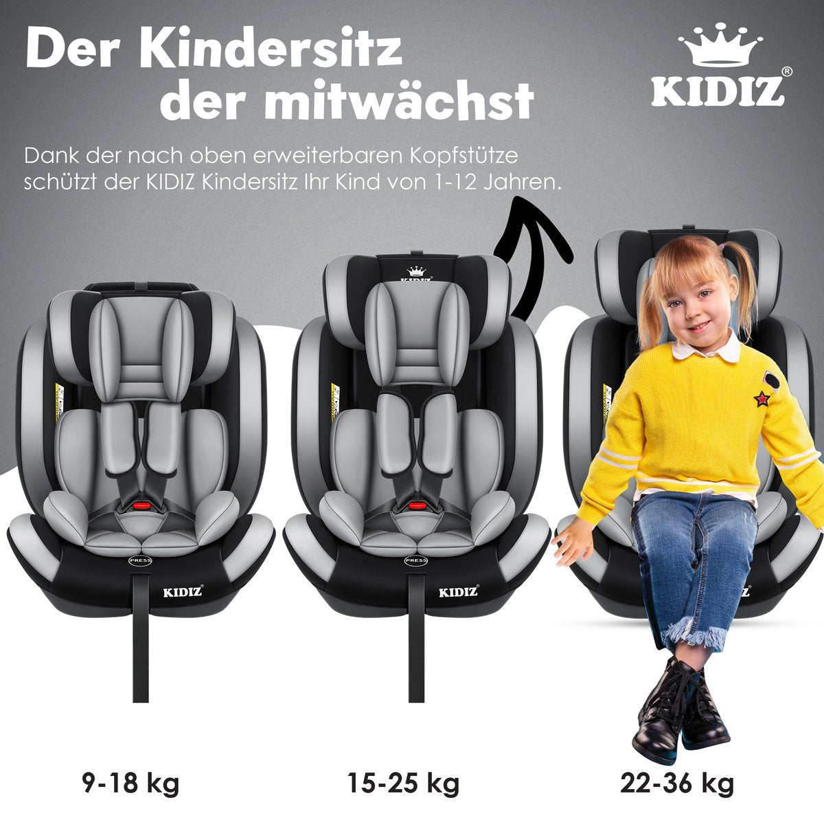 KIDIZ® Autostoeltje - 5-punts veiligheidsgordel - Grijs