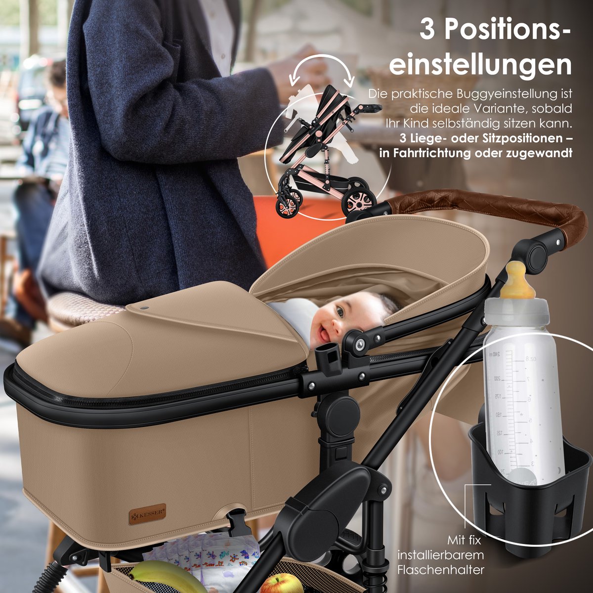 Kinderwagen 3 in 1 - Buggy - Wandelwagen - Kinderbuggy - Beige - KESSER®