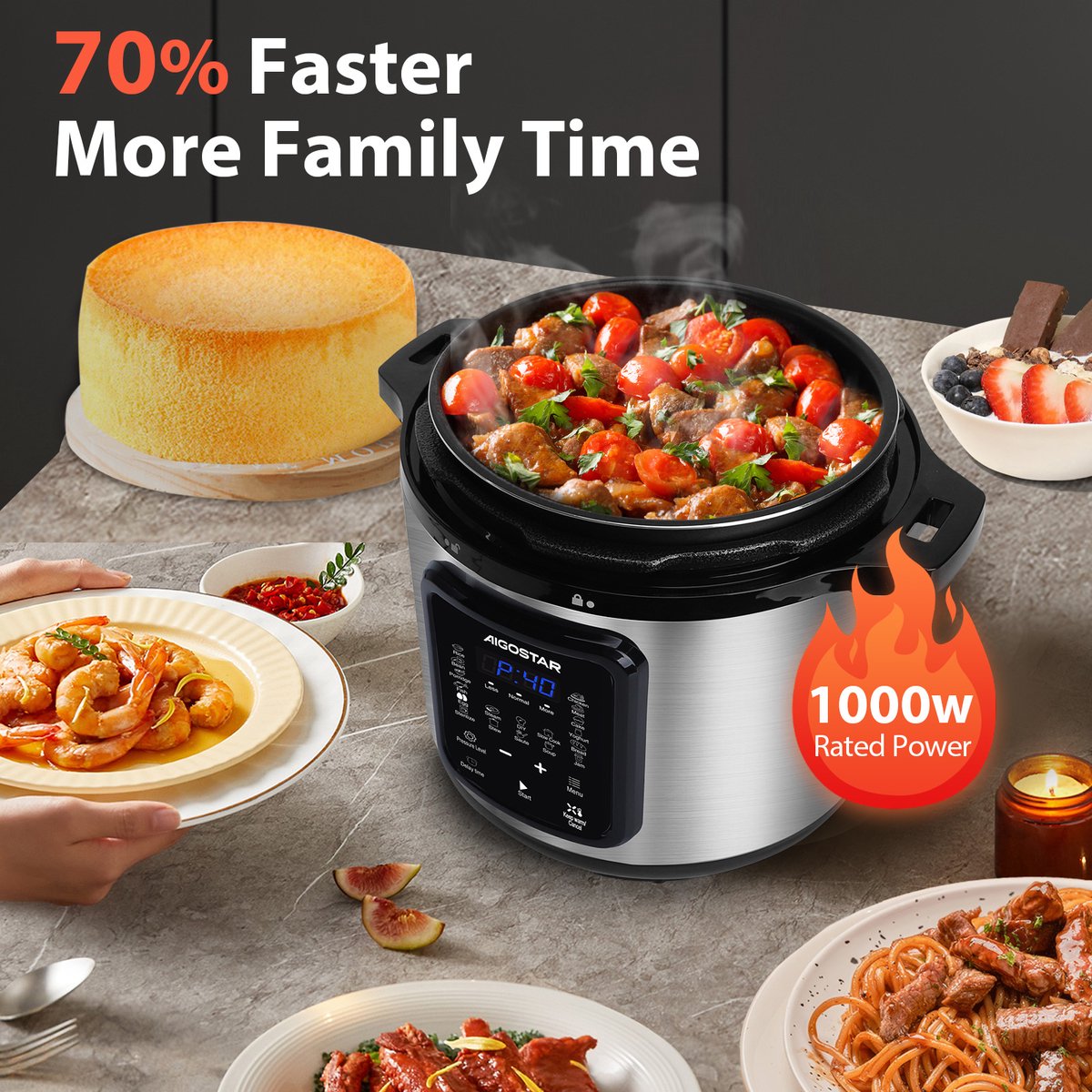 Aigostar Snelkookpan Multicooker - 6 Liter - Slow Cooker - Rijstkoker - Stomer